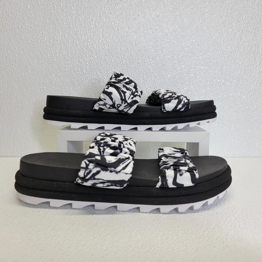 Sorel Women's Roaming Two Strap Slide Sandals Black White Size 9.5